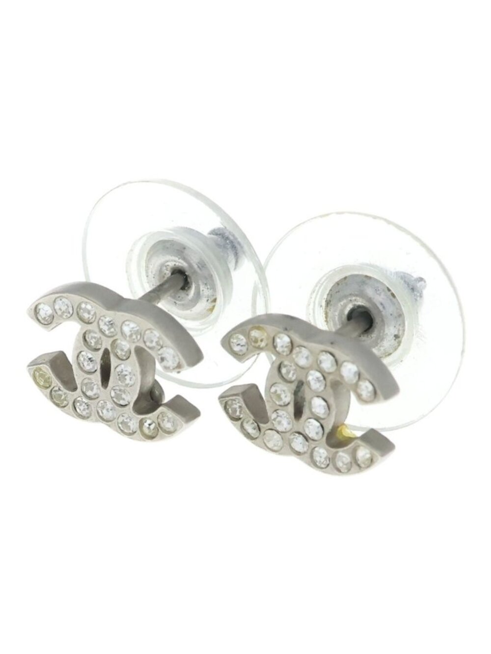 Chanel CC Logo Rhinestone Stud Earrings Silver